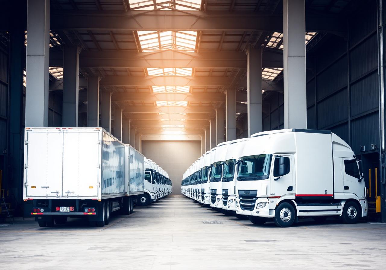 Fleet of box trucks at a logistics warehouse